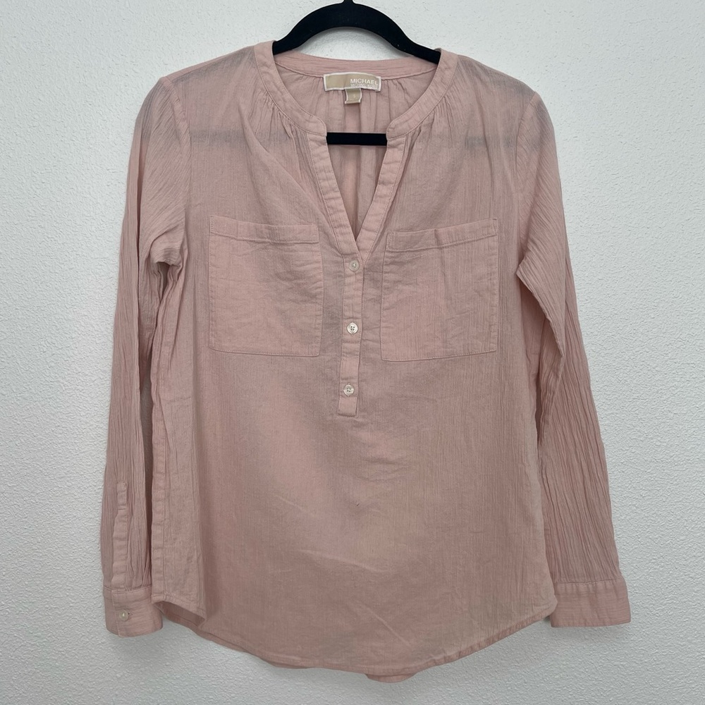MICHAEL Michael Kors Lightweight 100% Cotton Long Sleeve Crinkle Shirt Blouse